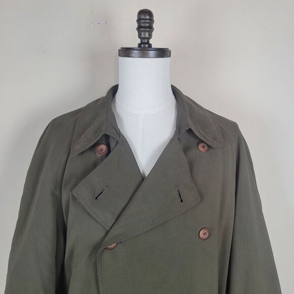 Vintage Perusal Coat Mens 44 Long Green Trench Double Breasted Belted Classic - Picture 3 of 10
